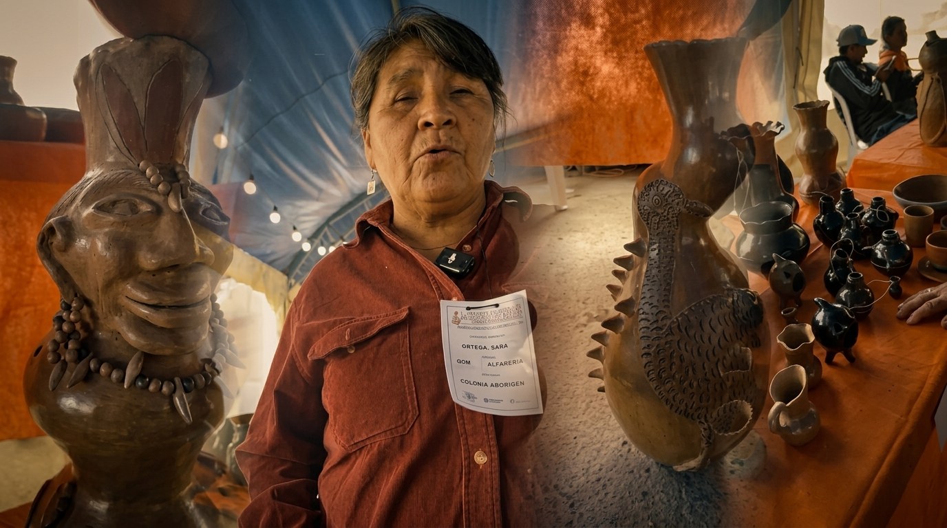 Sara Ortega, maestra alfarera qom de Colonia Aborigen, junto a sus obras