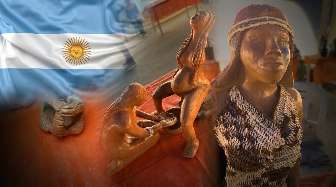 Bandera argentina junto a esculturas de barro de la 49ª Feria de Artesanía Aborigen Chaqueña